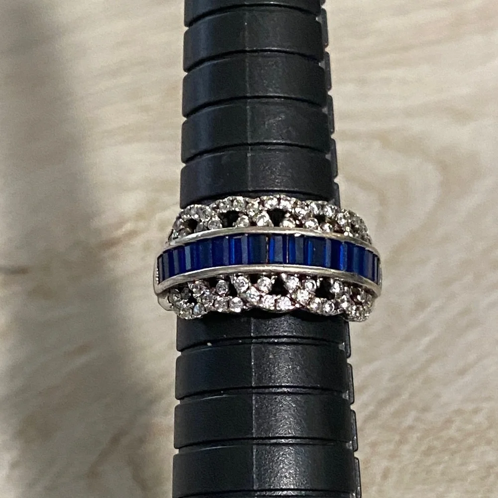 18K White Gold Plated Lab Blue Sapphire & 1/4 TCW Diamond Filigree Ring Sz 7